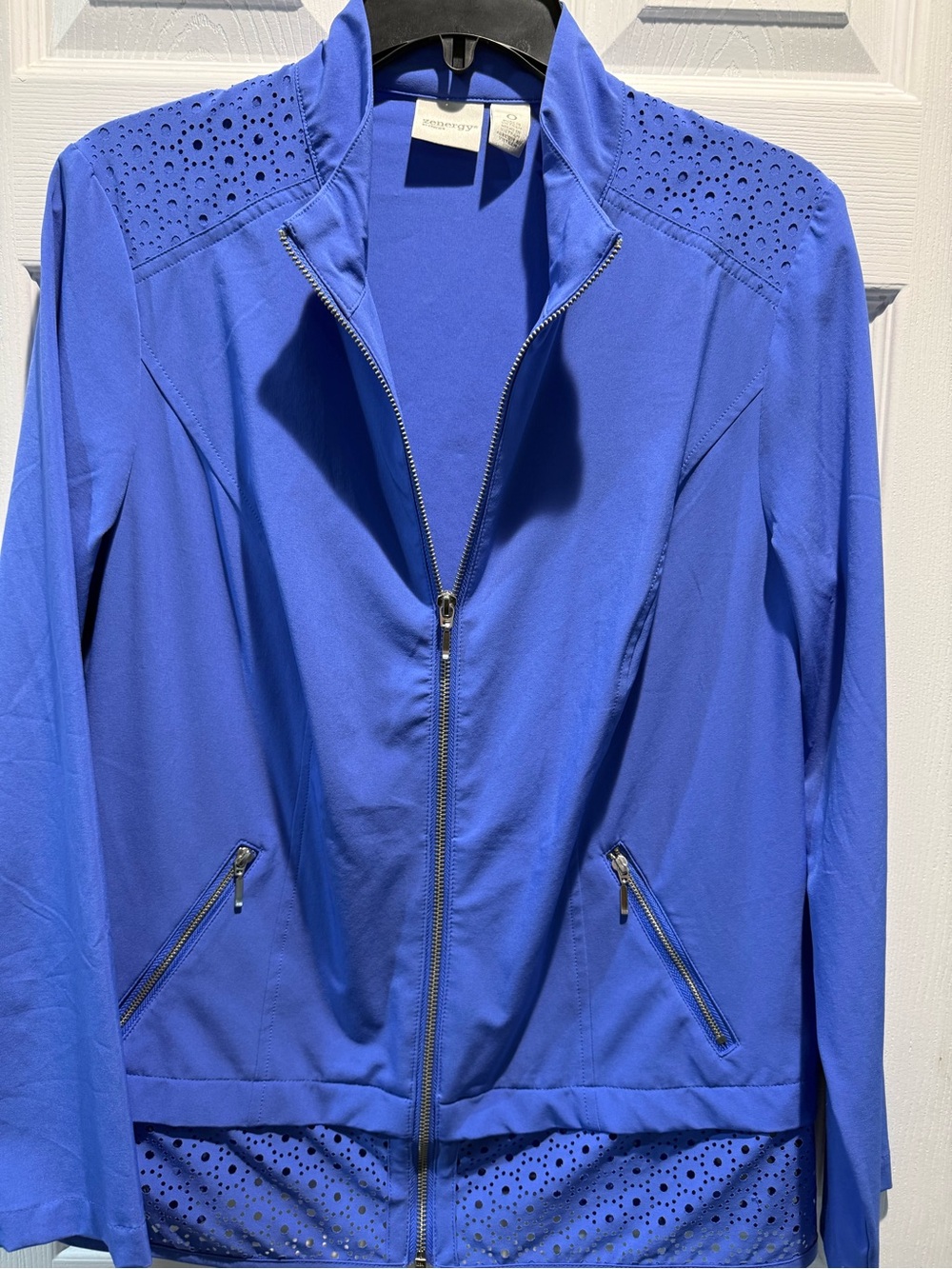 Women’s Perforated Shoulder Zip Bomber Jacket in Cobalt Blue